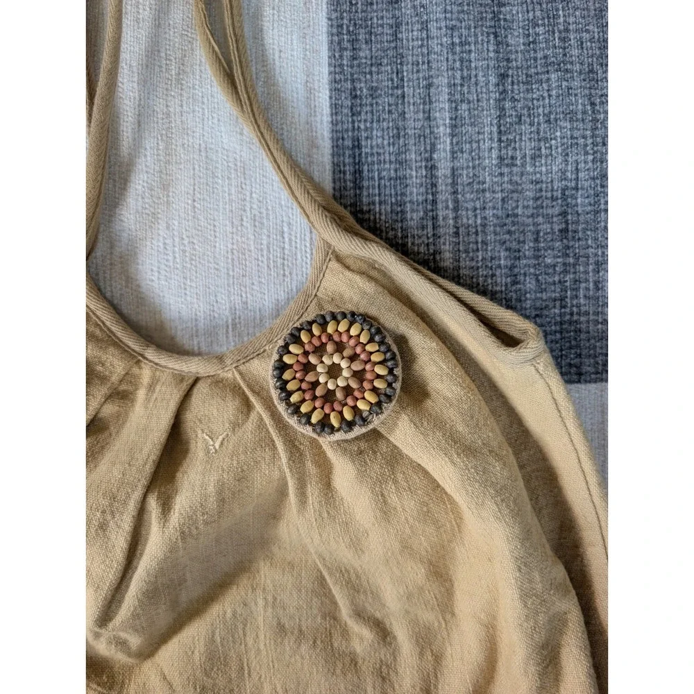 American Eagle Tan Canvas Hobo Beaded Pleated Boho Tote Slouchy Shoulder Bag Y2K